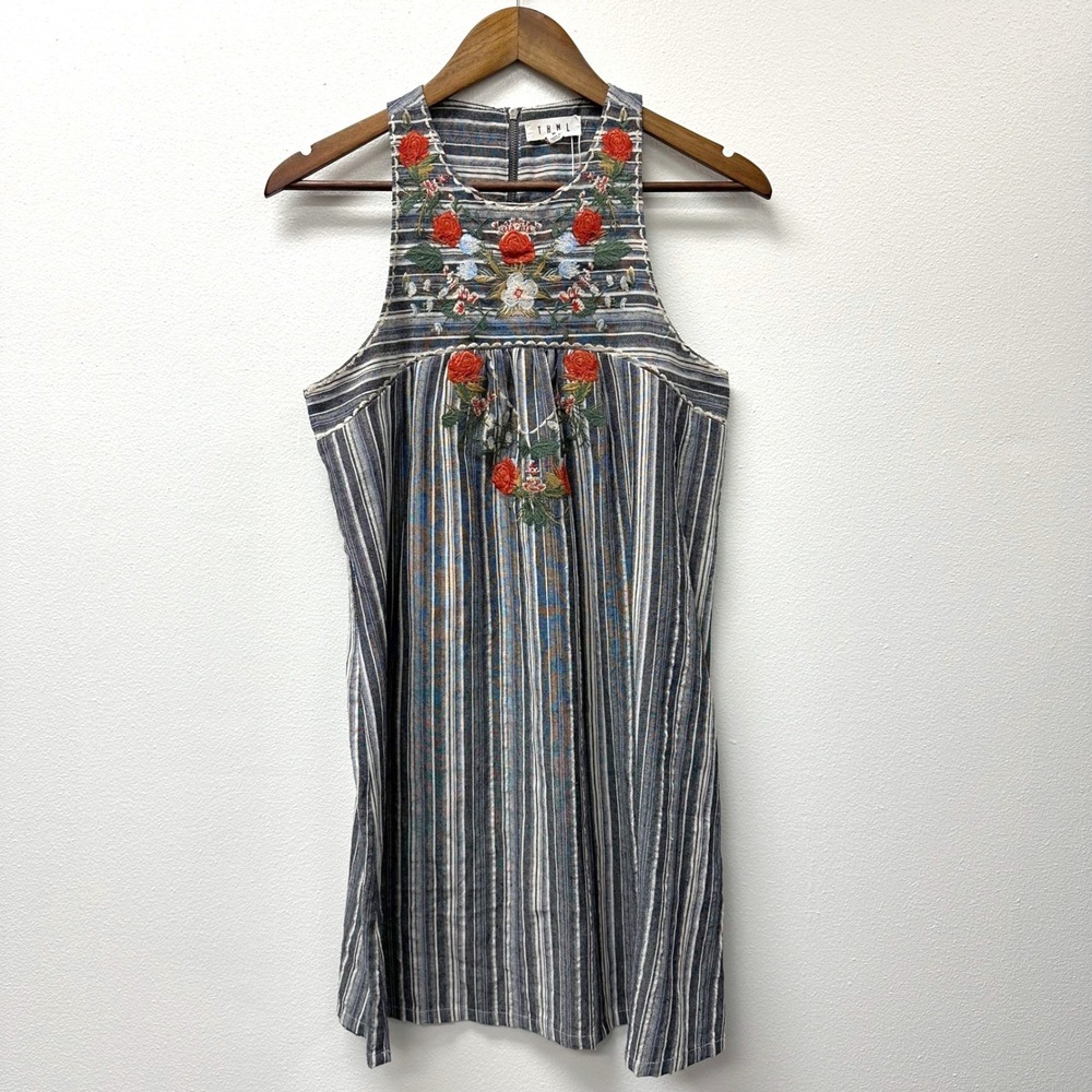 THML Embroidered Tank Dress‎ Blue White Stripe M